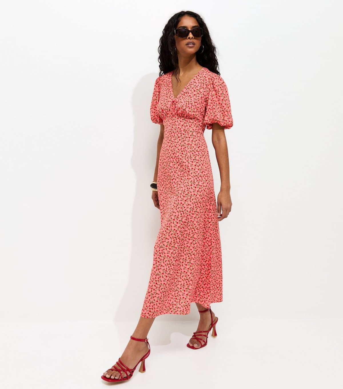 New Look Women's Pink Rose Print Puff Sleeve Midi Dress New Look