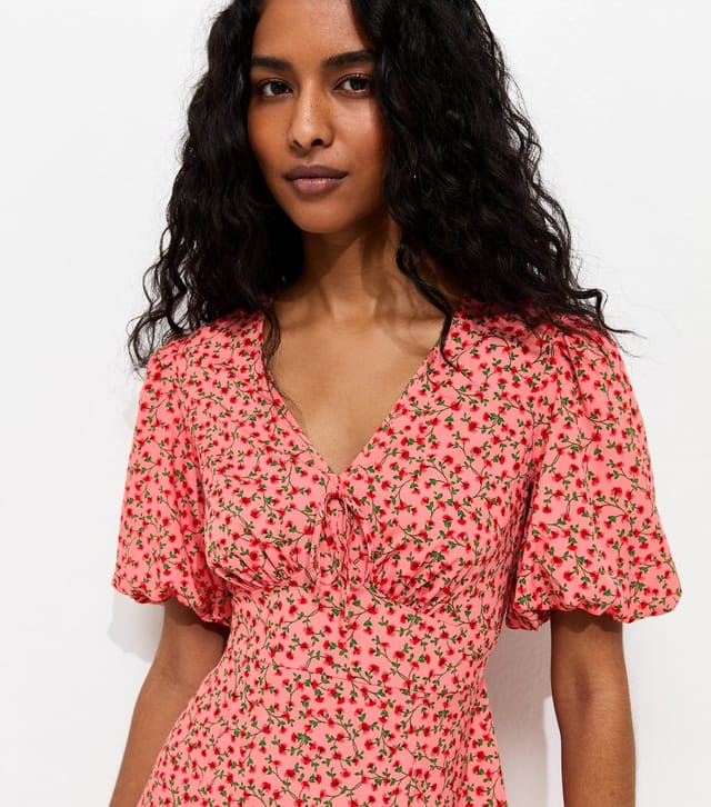 New Look Women's Pink Rose Print Puff Sleeve Midi Dress New Look - 2