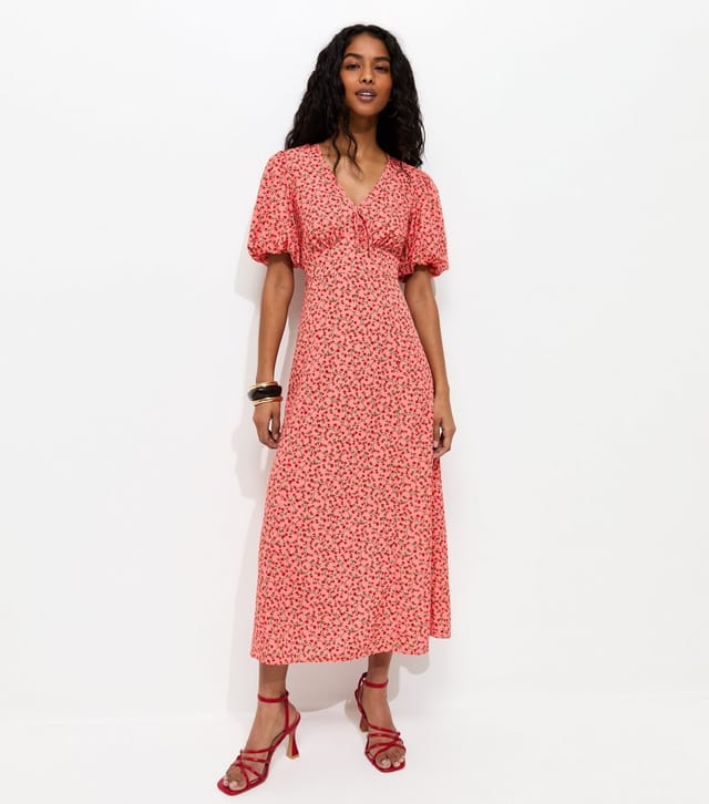 New Look Women's Pink Rose Print Puff Sleeve Midi Dress New Look - 3