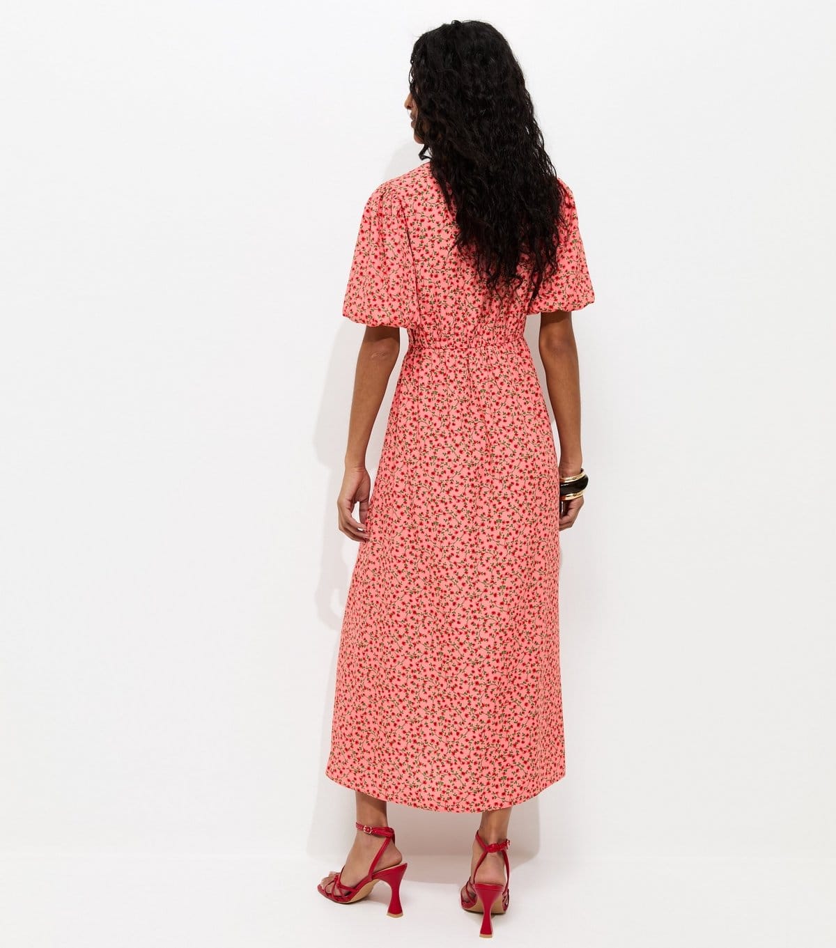 New Look Women's Pink Rose Print Puff Sleeve Midi Dress New Look - 4