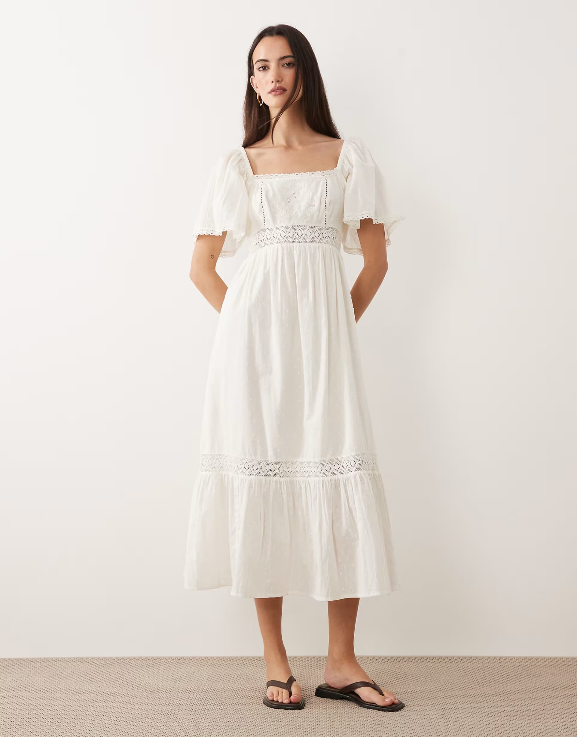 ASOS ASOS Cream Dobby Crochet Square Neck Midi Dress