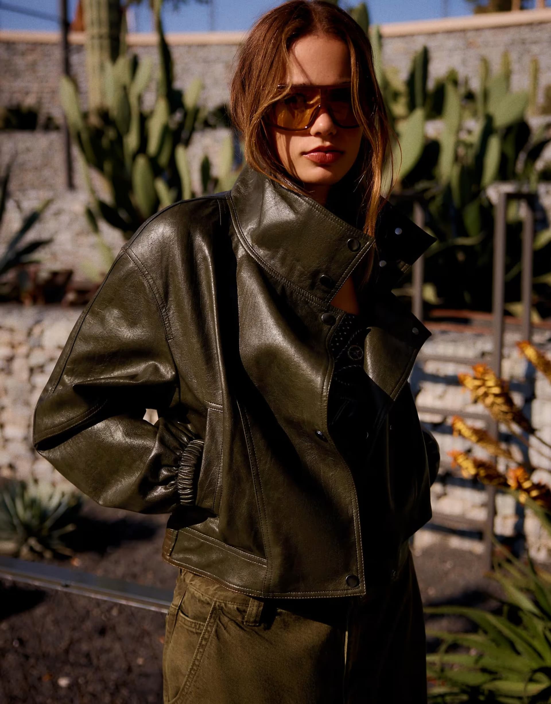 ASOS Bershka Leather effect lapel jacket in khaki