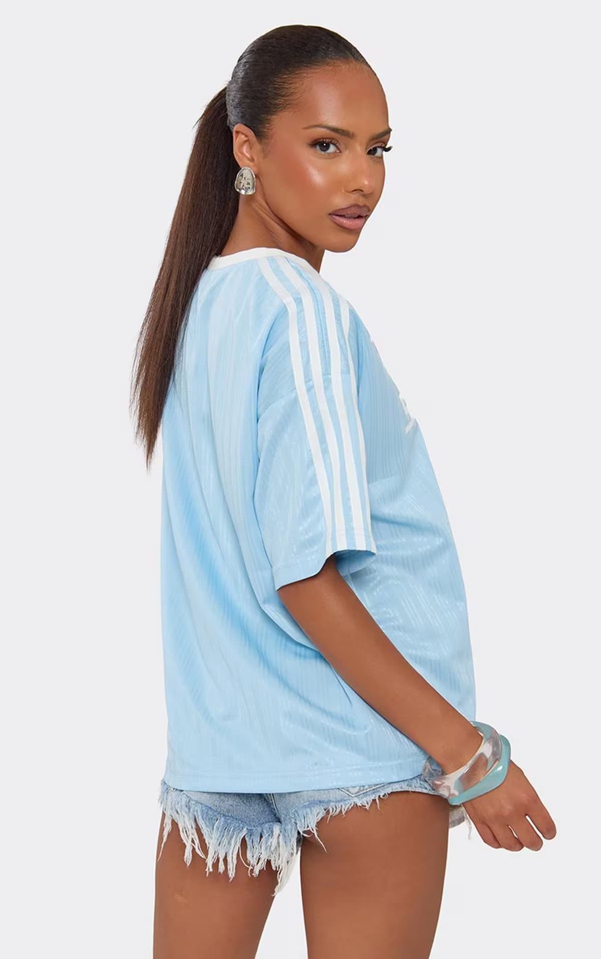 EGO Short Sleeve Contrast Side Stripe Graphic Detail T-Shirt In Blue, Women's Size UK 6