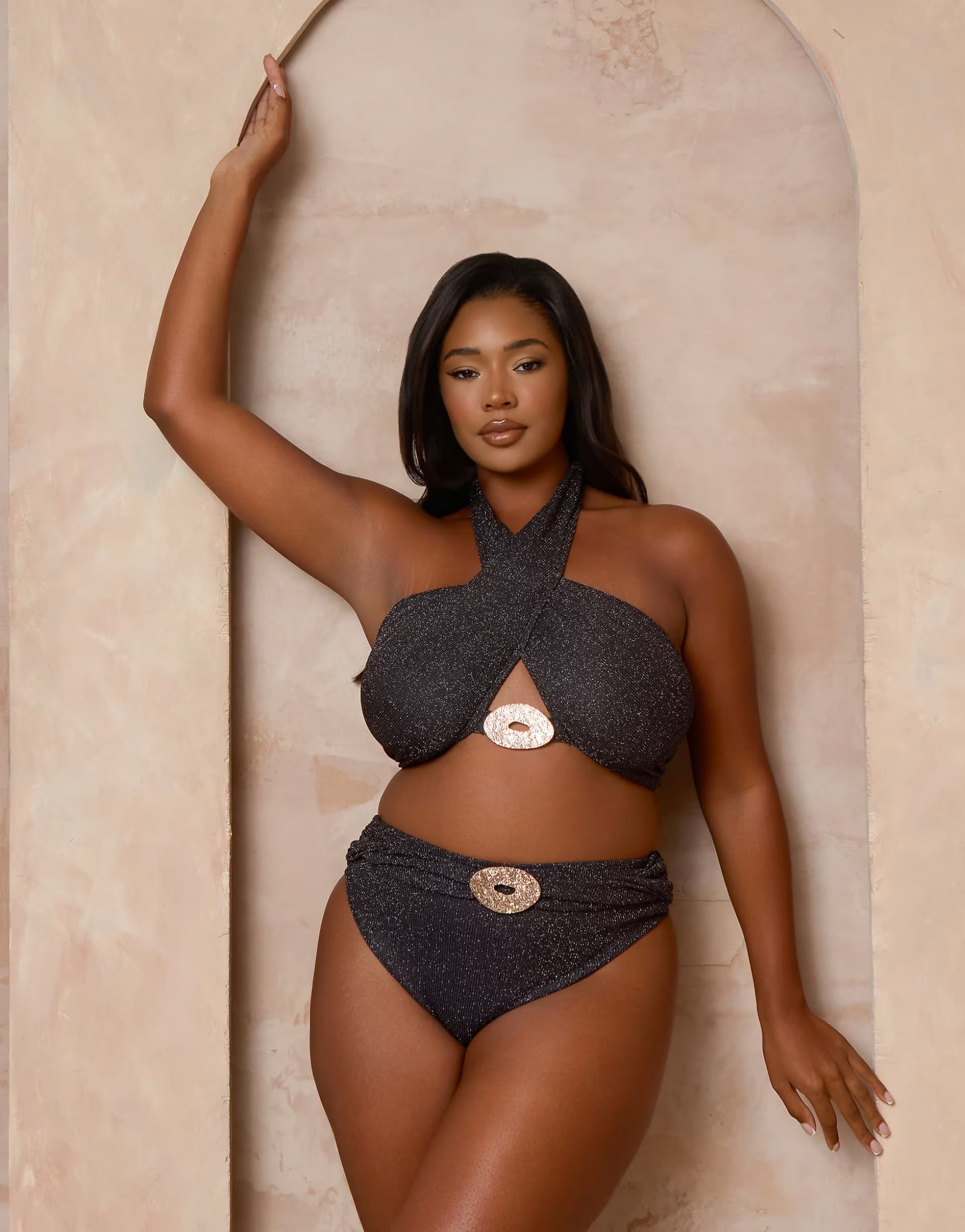 ASOS Moda Minx Curve X Alessa Tyrrell-Charles glitter wrap bikini with hardware detail in black