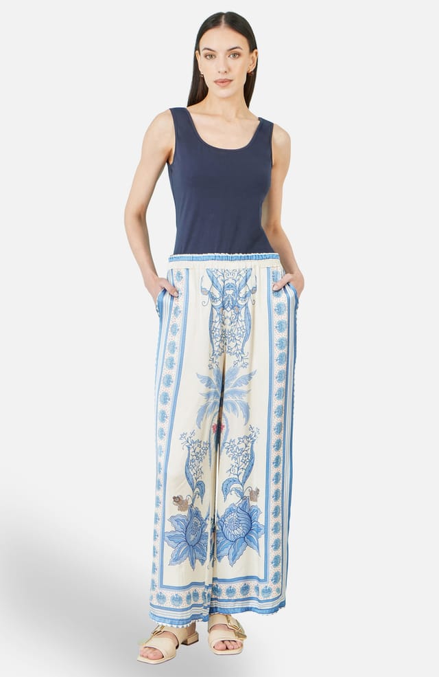 Yumi Yumi Women's Blue Satin Print Placement Relaxed Trousers in Baby Blue - 2