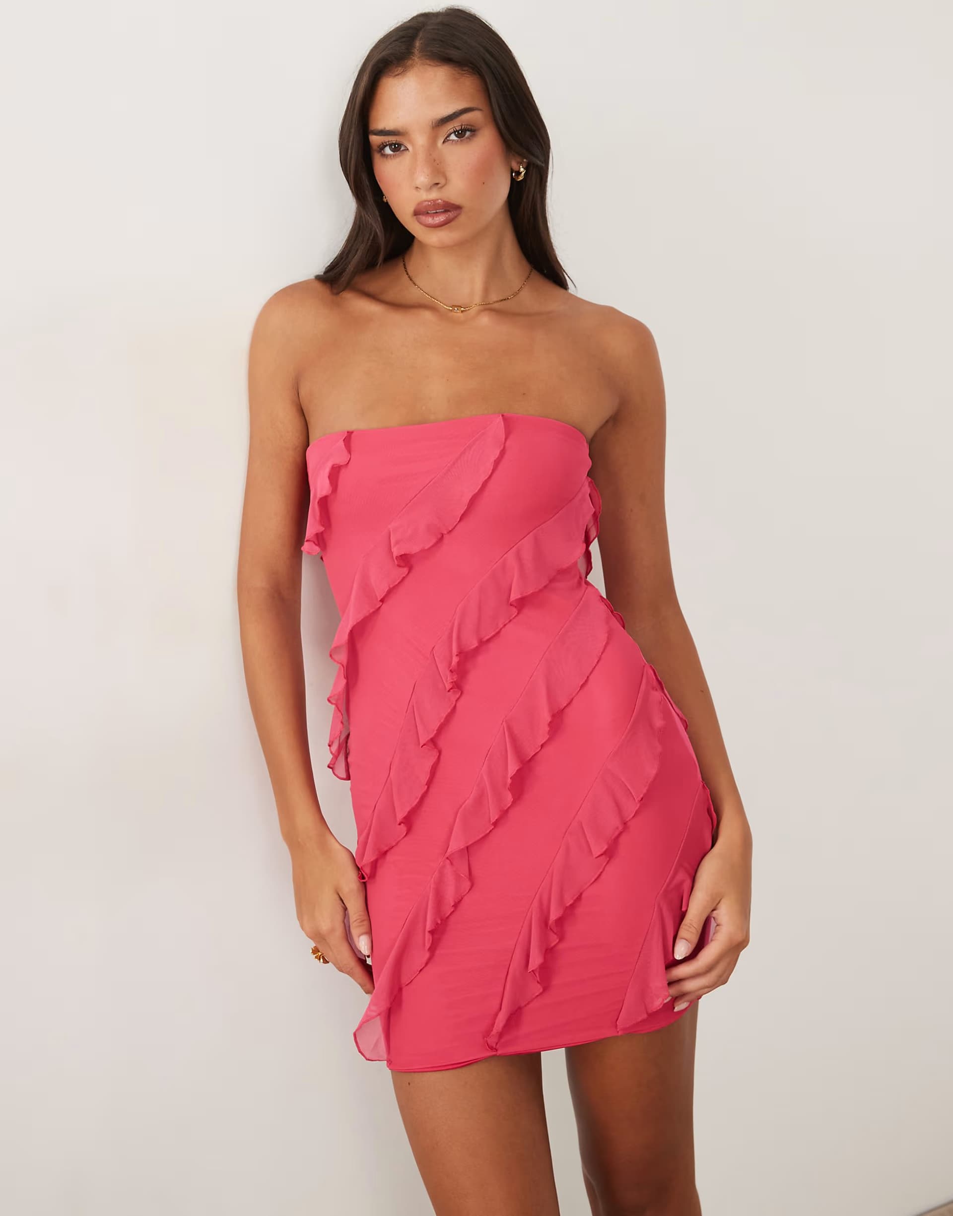 ASOS Oh Polly bandeau asymmetric frill trim mini dress in fuchsia