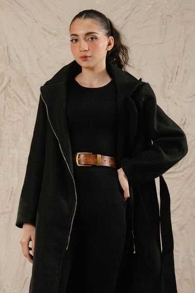 Zafosh Zafosh Women's Premium Wool Blend Belted Zipped Over coat in Black