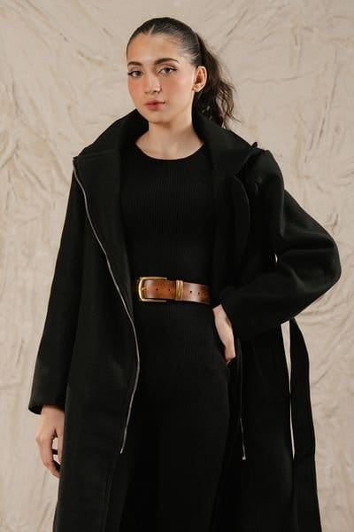 Zafosh Women's Wool Blend Belted Overcoat in Black
