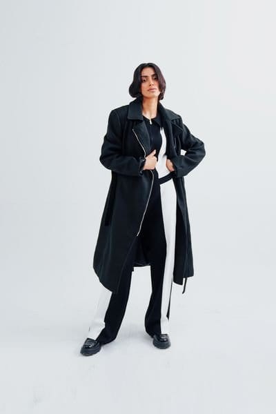 Zafosh Zafosh Women's Premium Wool Blend Belted Zipped Over coat in Black - 2