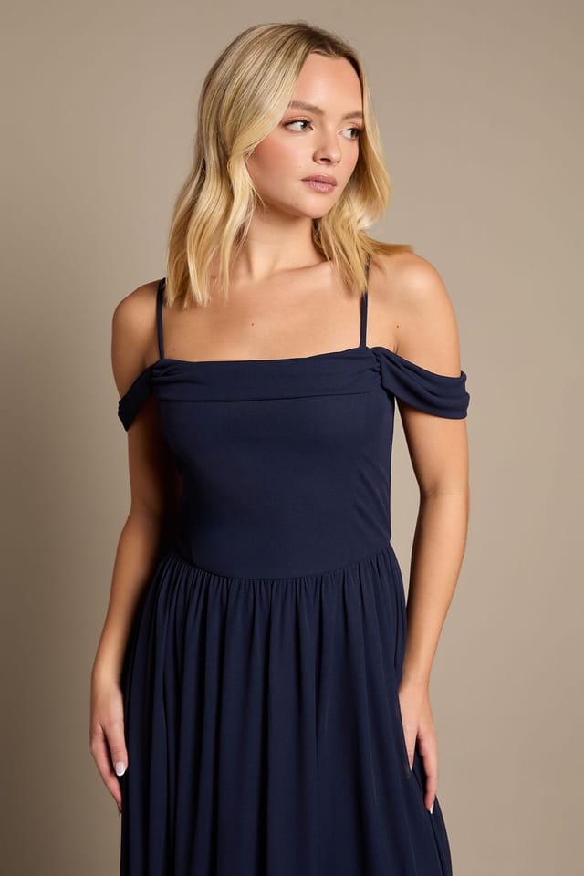 Coast Coast Women's Teen Cold Shoulder Stretch Mesh Bridesmaid Dress in Navy - 2