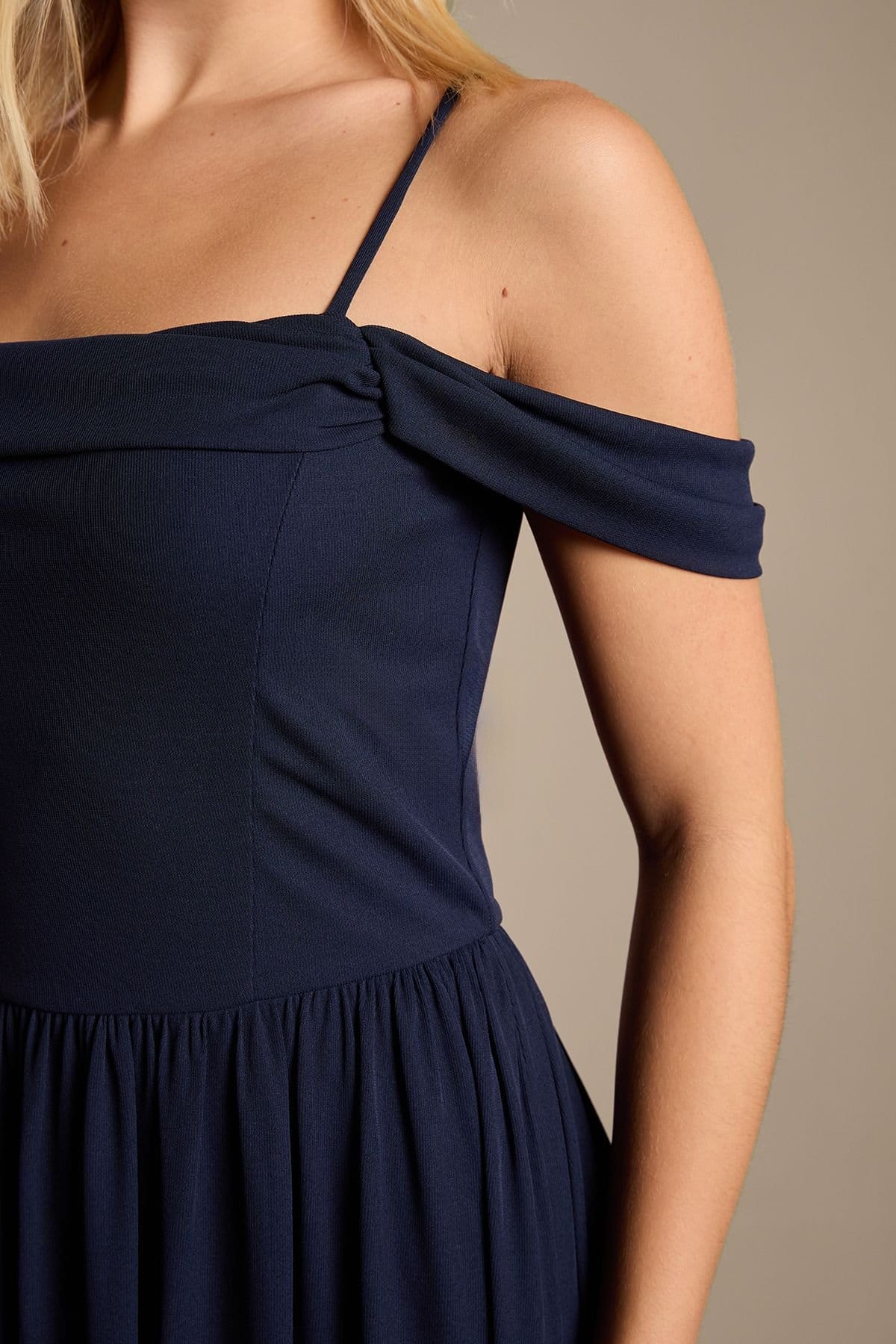 Coast Coast Women's Teen Cold Shoulder Stretch Mesh Bridesmaid Dress in Navy - 4