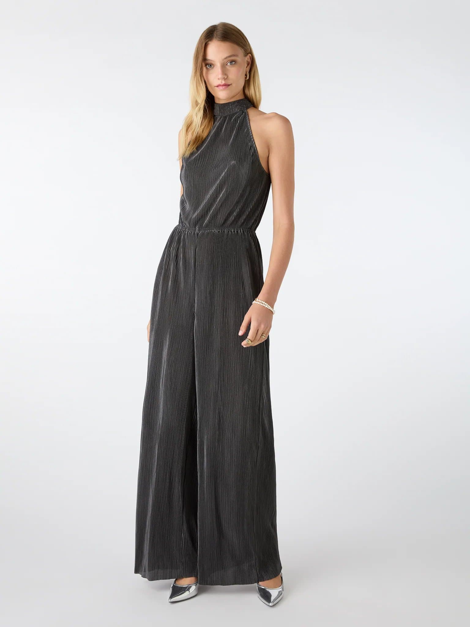 OMNES Hallie Halter Plisse Jumpsuit in Ash