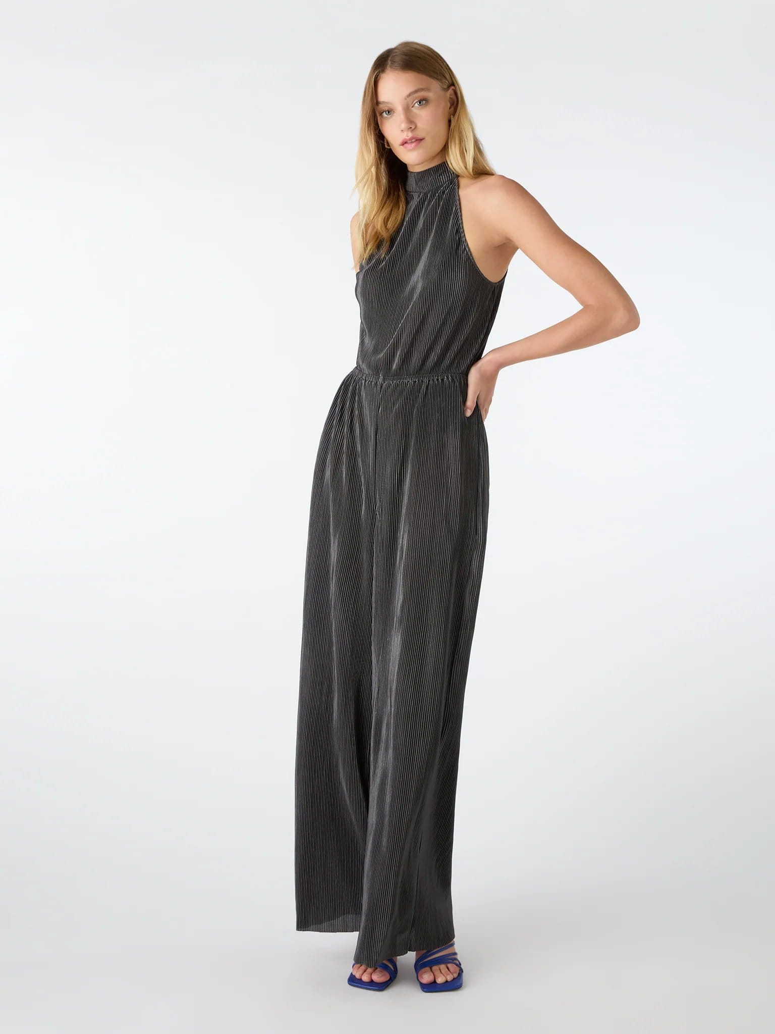OMNES Hallie Halter Plisse Jumpsuit in Ash - 4