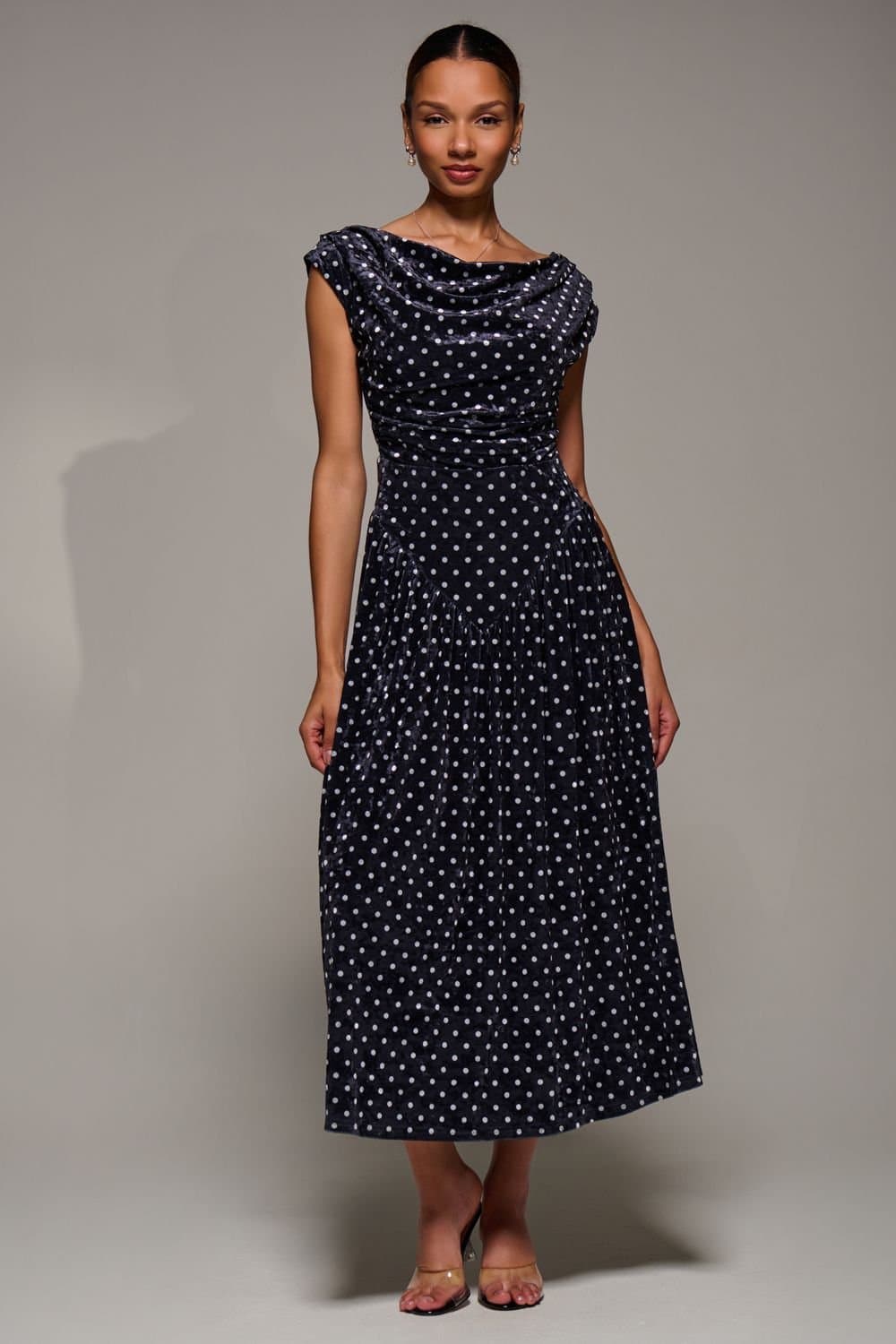 Jolie Moi Jolie Moi Women's Cowl Neckline Draped Velvet Midaxi Dress in Black
