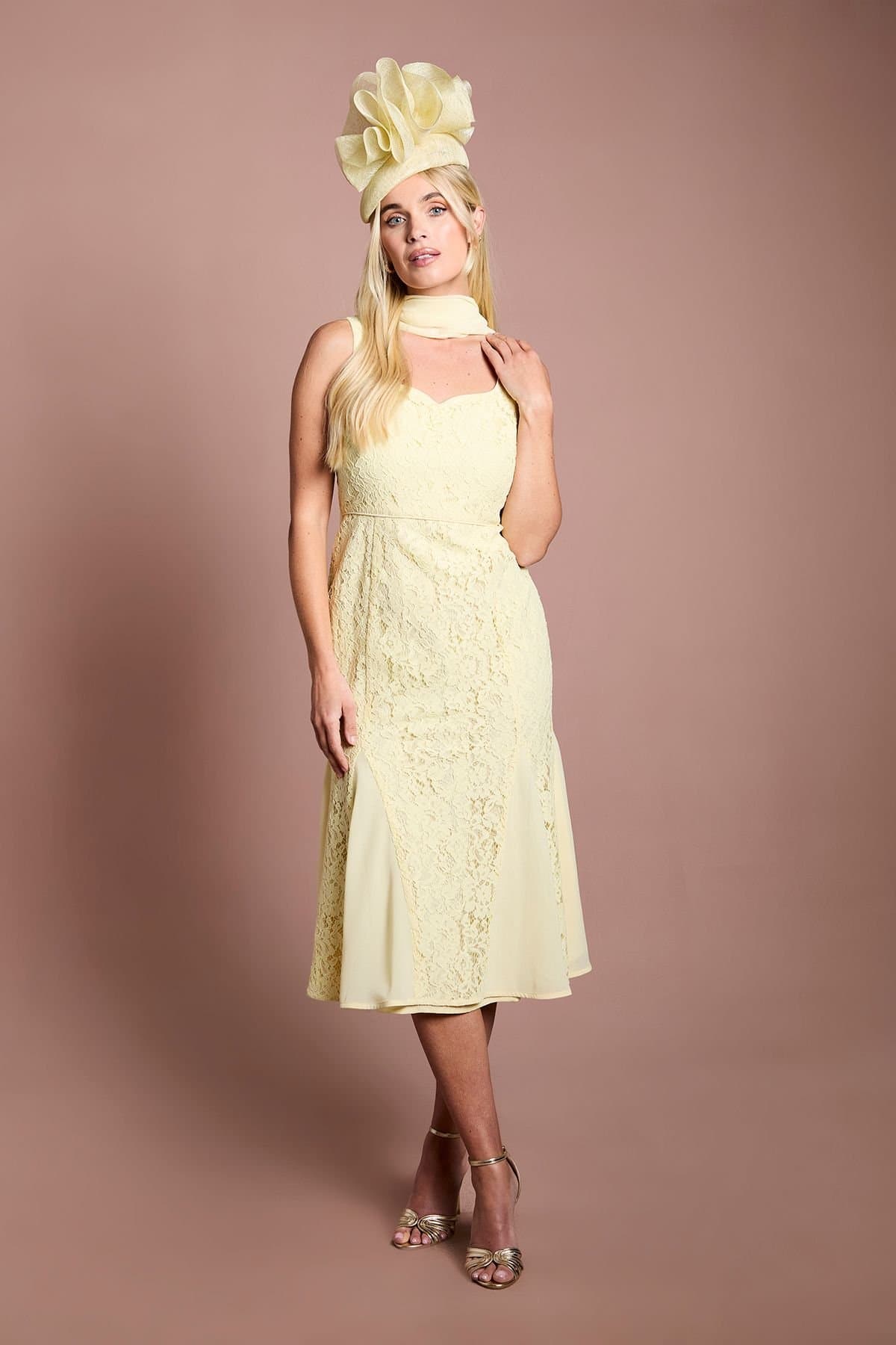 Coast Coast Women's Petite Lisa Tan Scarf Detail Lace Maxi Dress With Godets in Lemon