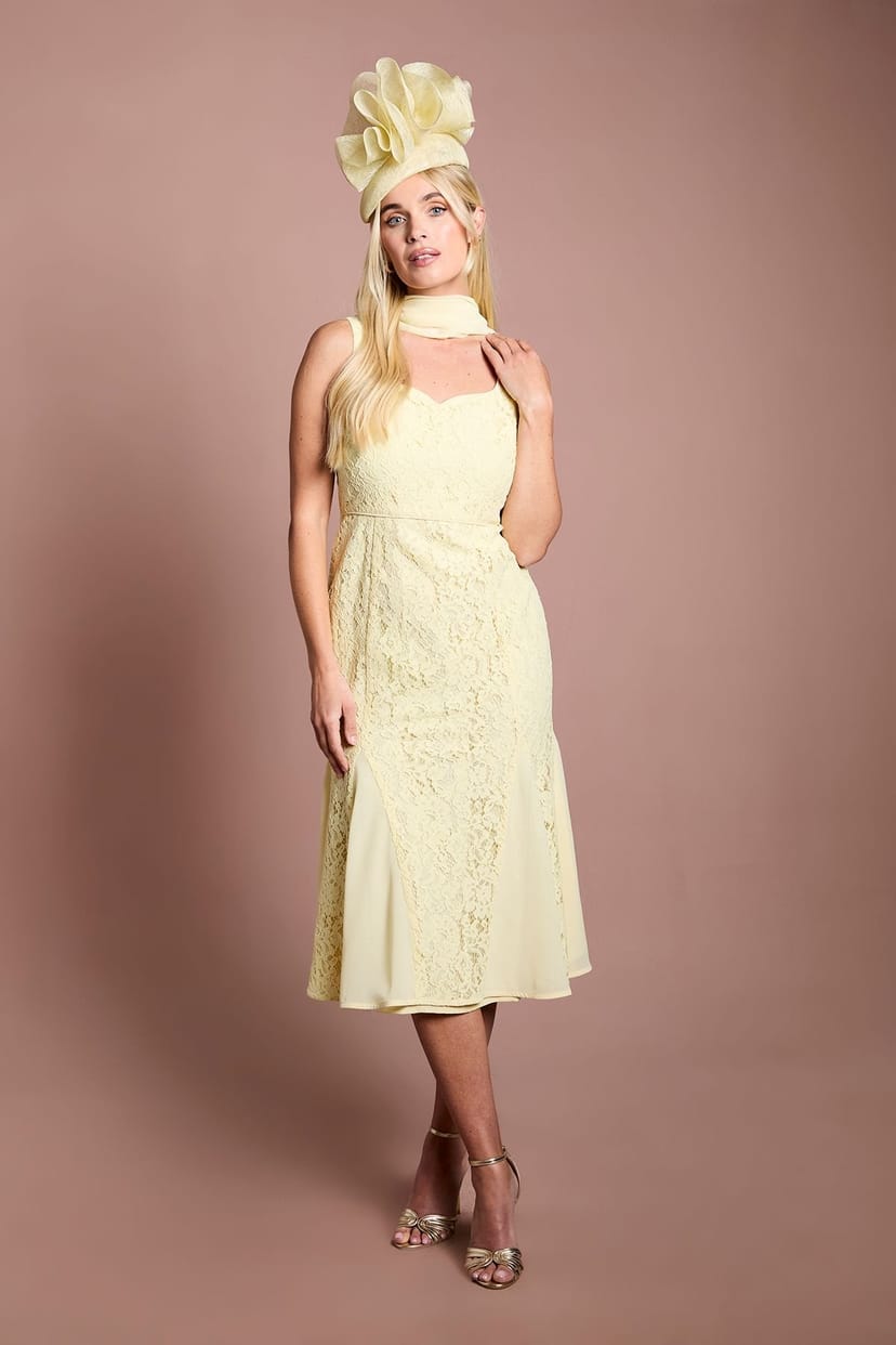 Coast Coast Women's Petite Lisa Tan Scarf Detail Lace Maxi Dress With Godets in Lemon - 1