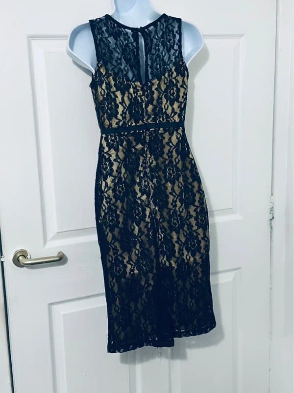 South Beautiful Lace With Gold Satin Underlay Midi Dress Size 6