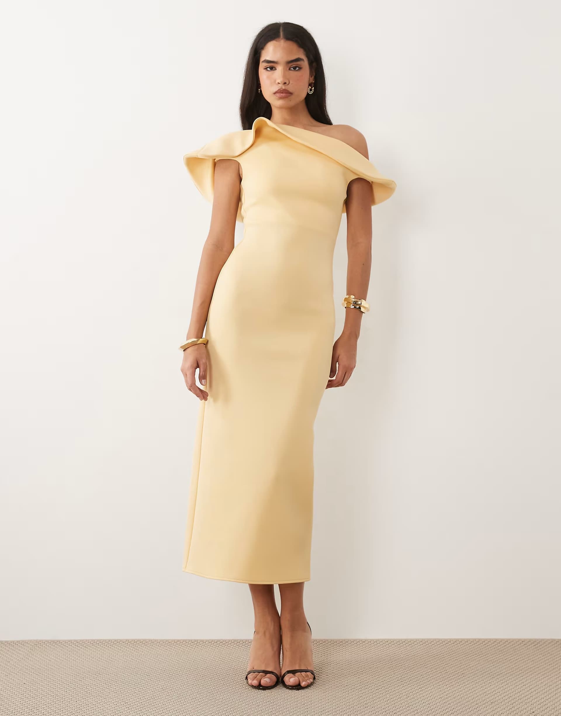 ASOS ASOS DESIGN twist bardot midi dress in butter yellow scuba-style fabric