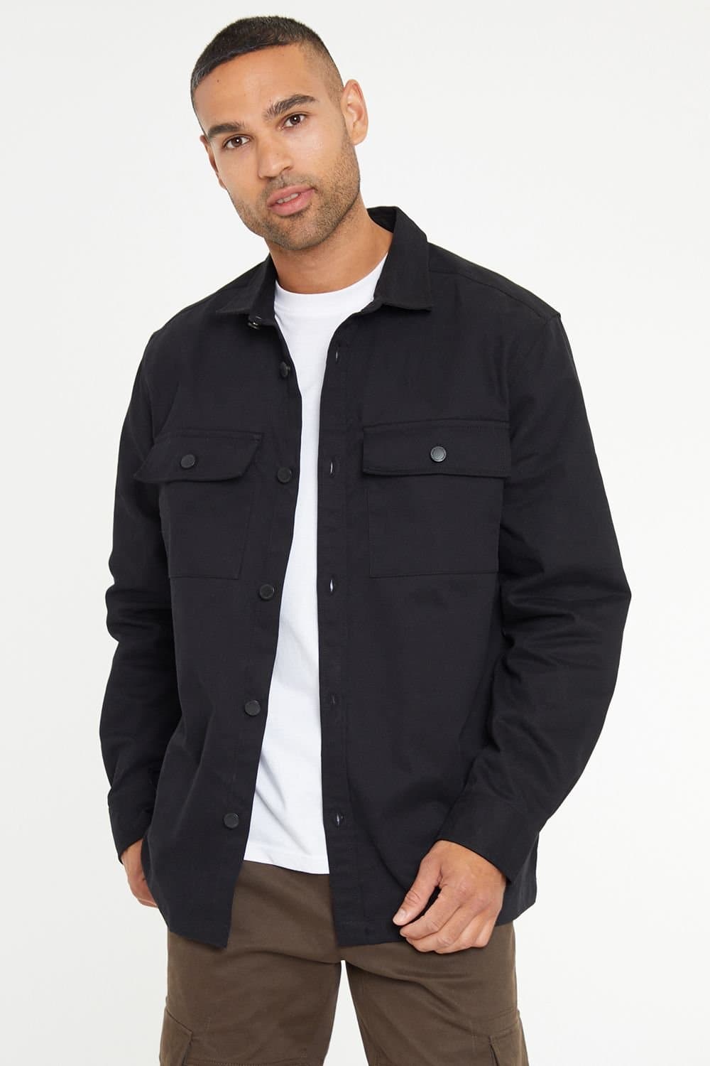 Threadbare Threadbare Men's Relaxed Fit Cotton Twill Button Up Shacket in Black