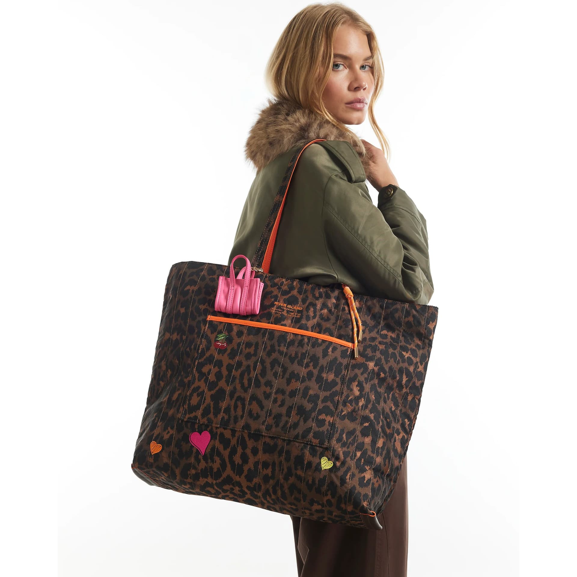 River Island River Island Womens Brown Leopard Print Neon Tote Bag