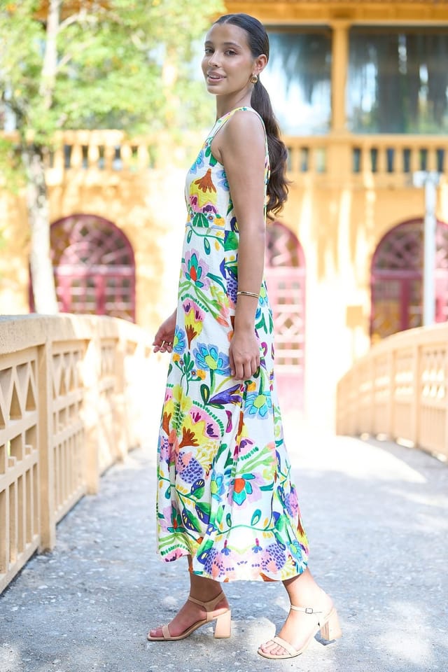 Yumi Yumi Women's Cotton Abstract Print Maxi Dress With Tie Back in Off-White - 3