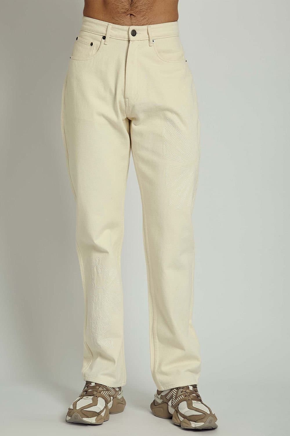 Native Youth Native Youth Men's Cotton Embroidered Straight-Leg Denim Jeans in Ecru