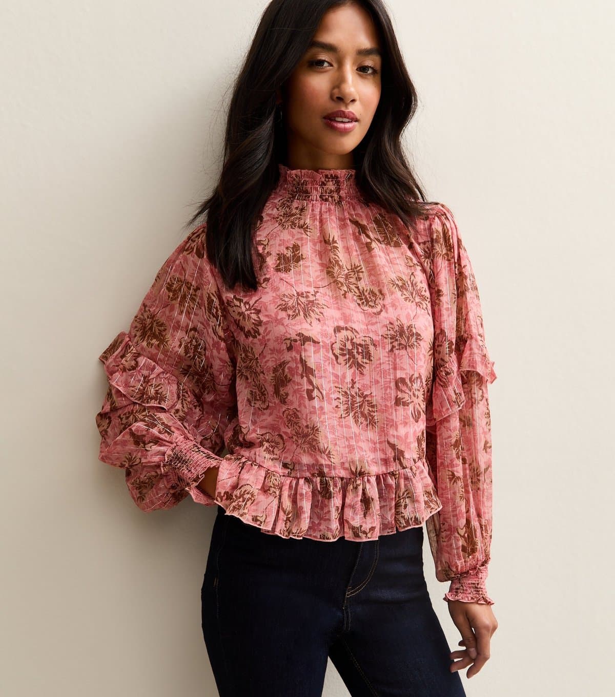 New Look Women's Petite Pink Floral Print Ruffle Frill Blouse New Look