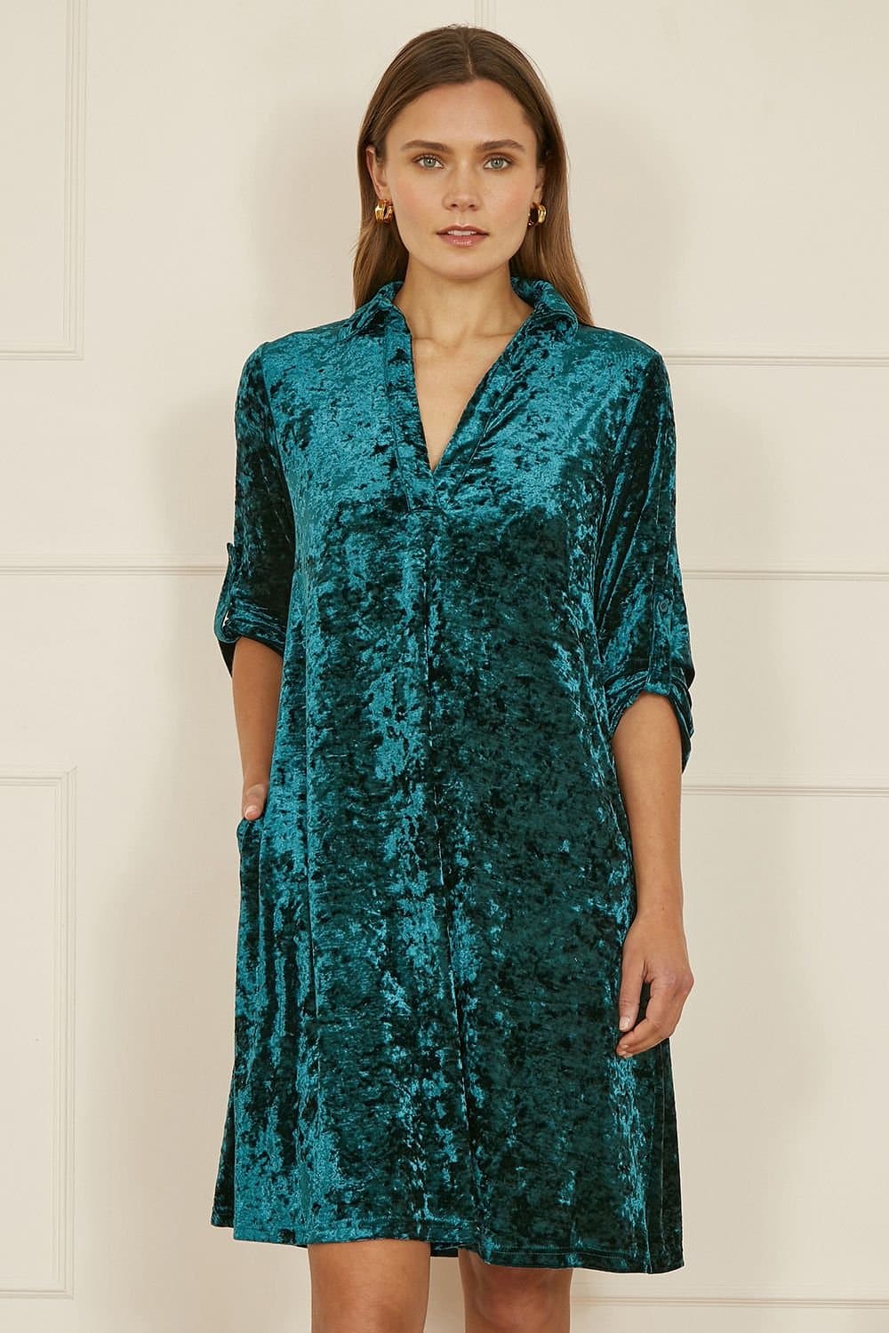 Yumi Yumi Women's Green Velvet Tunic Dress With 3/4 Sleeves