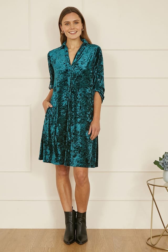 Yumi Yumi Women's Green Velvet Tunic Dress With 3/4 Sleeves - 2
