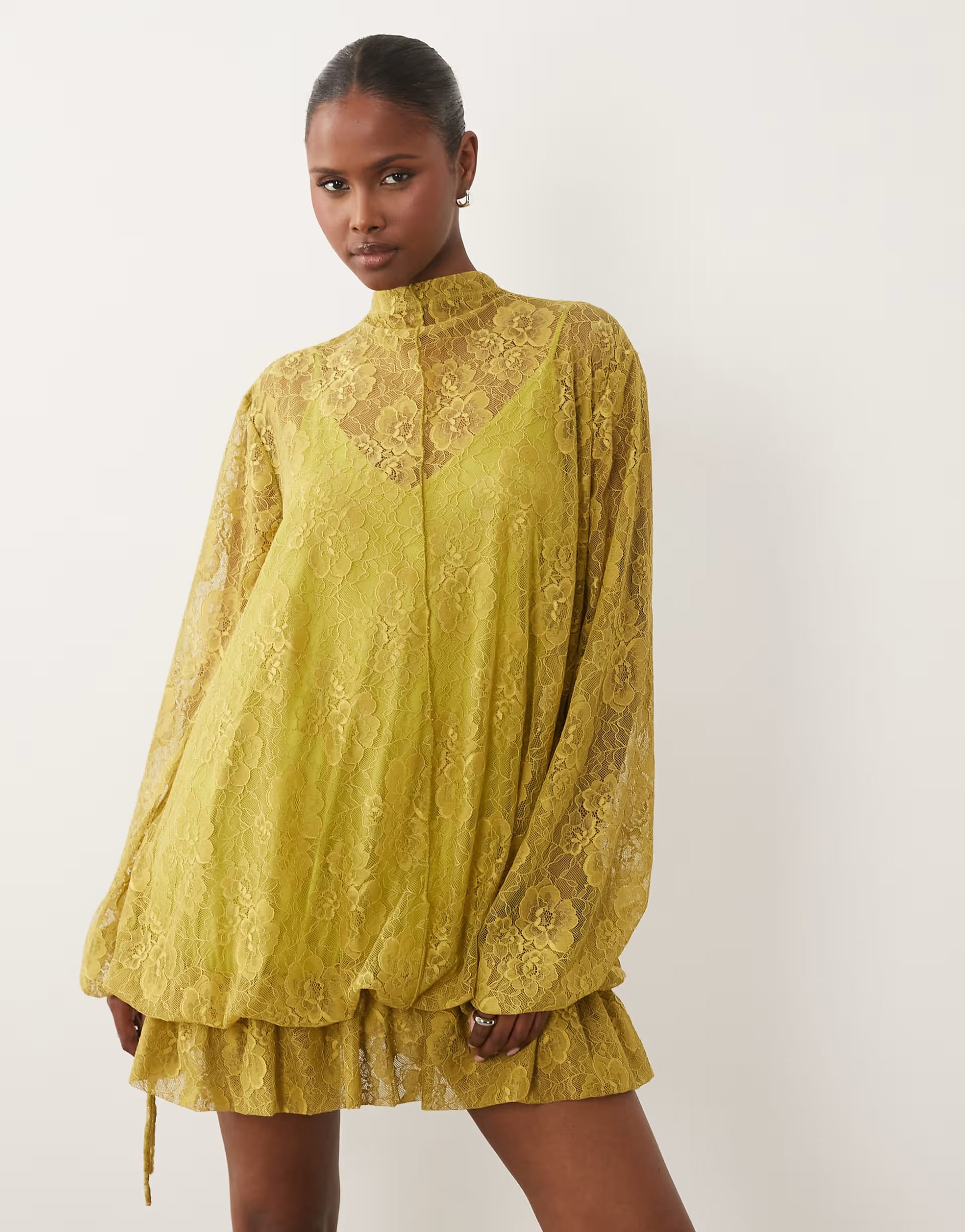 ASOS Green Lace Mini Dress with Blouson Sleeve and Hem Detail