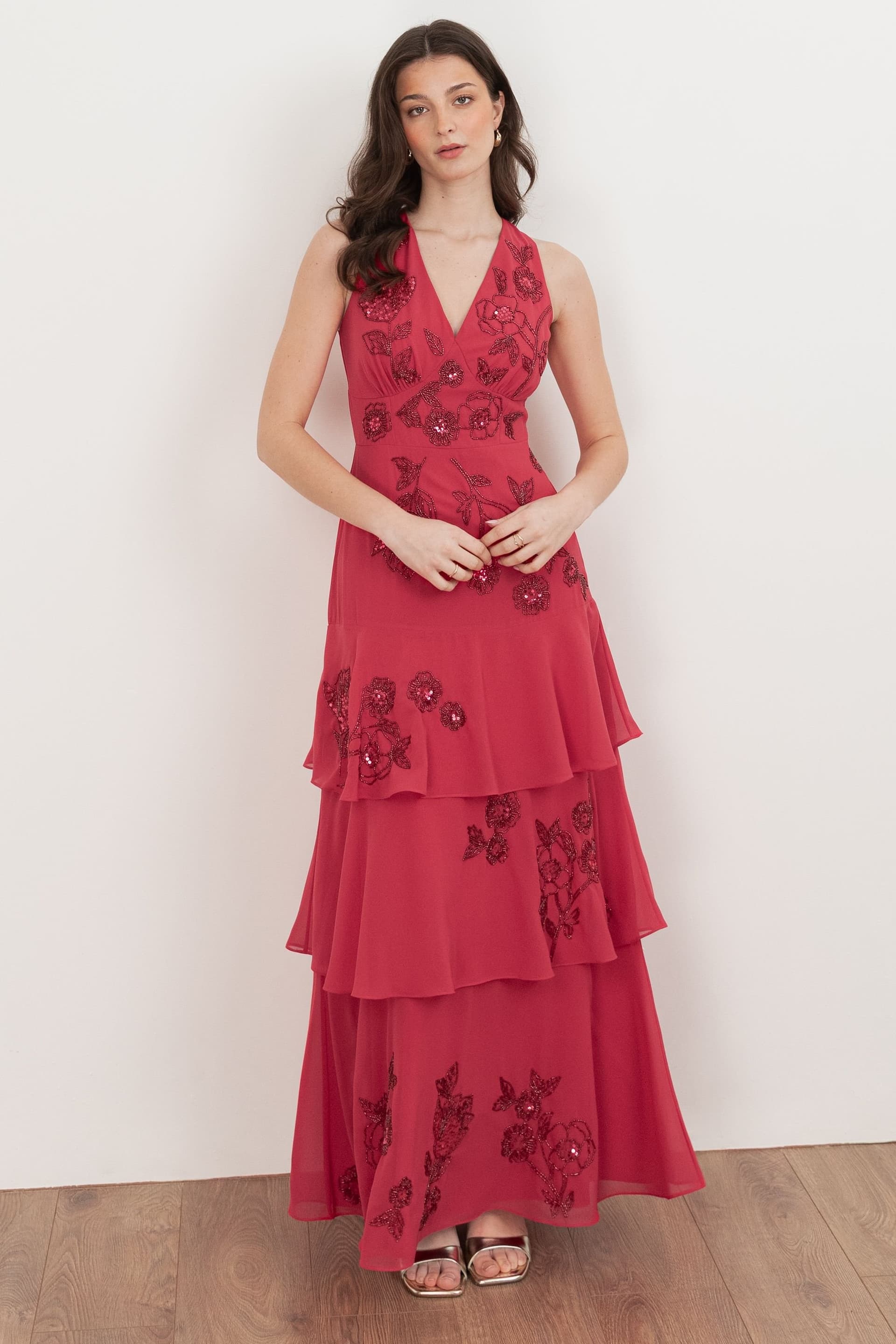 Maya Deluxe Maya Deluxe Women's Floral Embellished Tiered Maxi Dress in Bright Pink