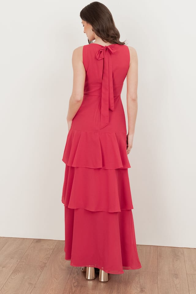 Maya Deluxe Maya Deluxe Women's Floral Embellished Tiered Maxi Dress in Bright Pink - 2