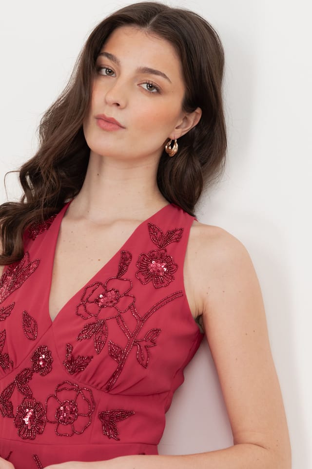 Maya Deluxe Maya Deluxe Women's Floral Embellished Tiered Maxi Dress in Bright Pink - 3