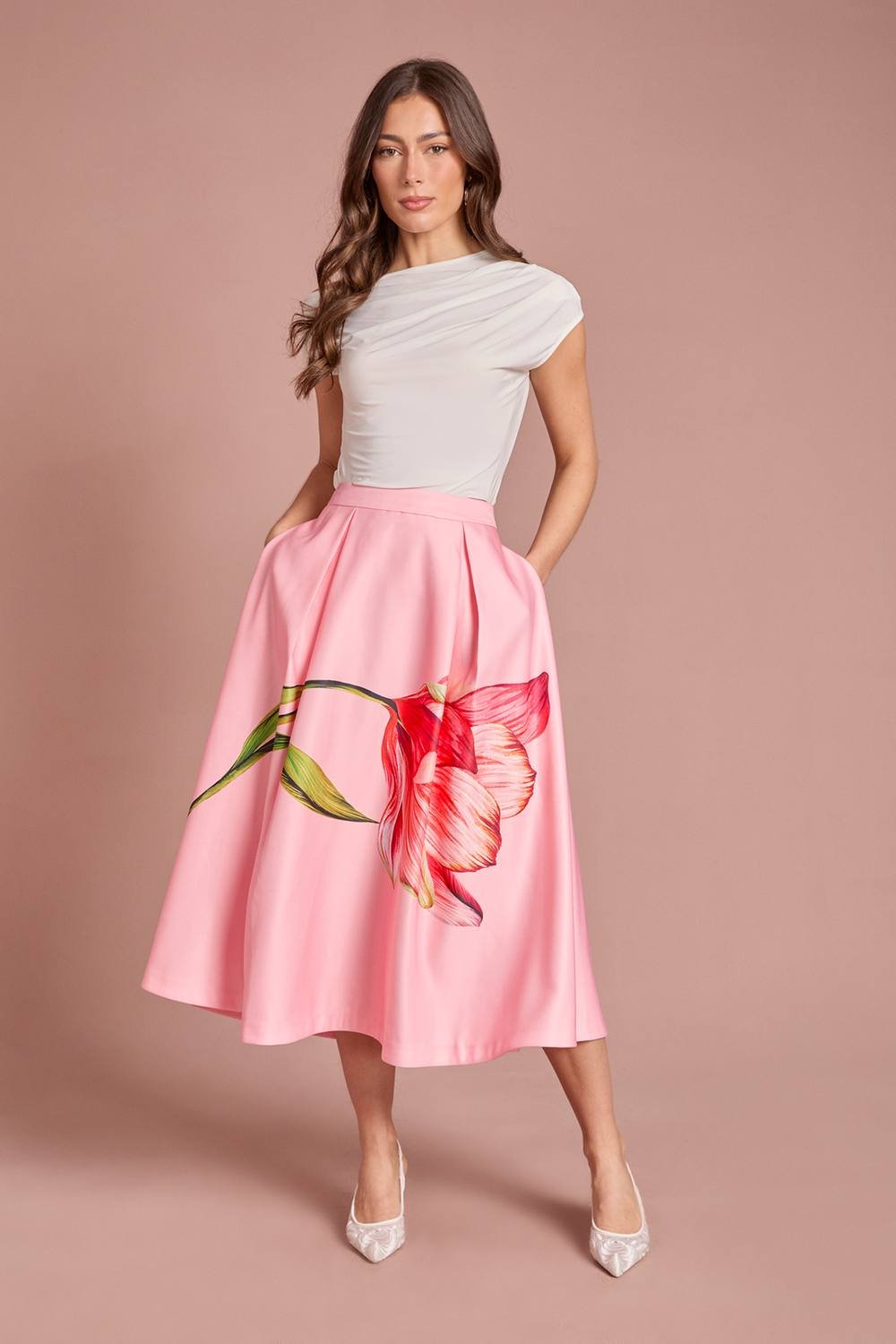 Coast Coast Women's Satin Midi Skirt With Placement Print in Pink - 2