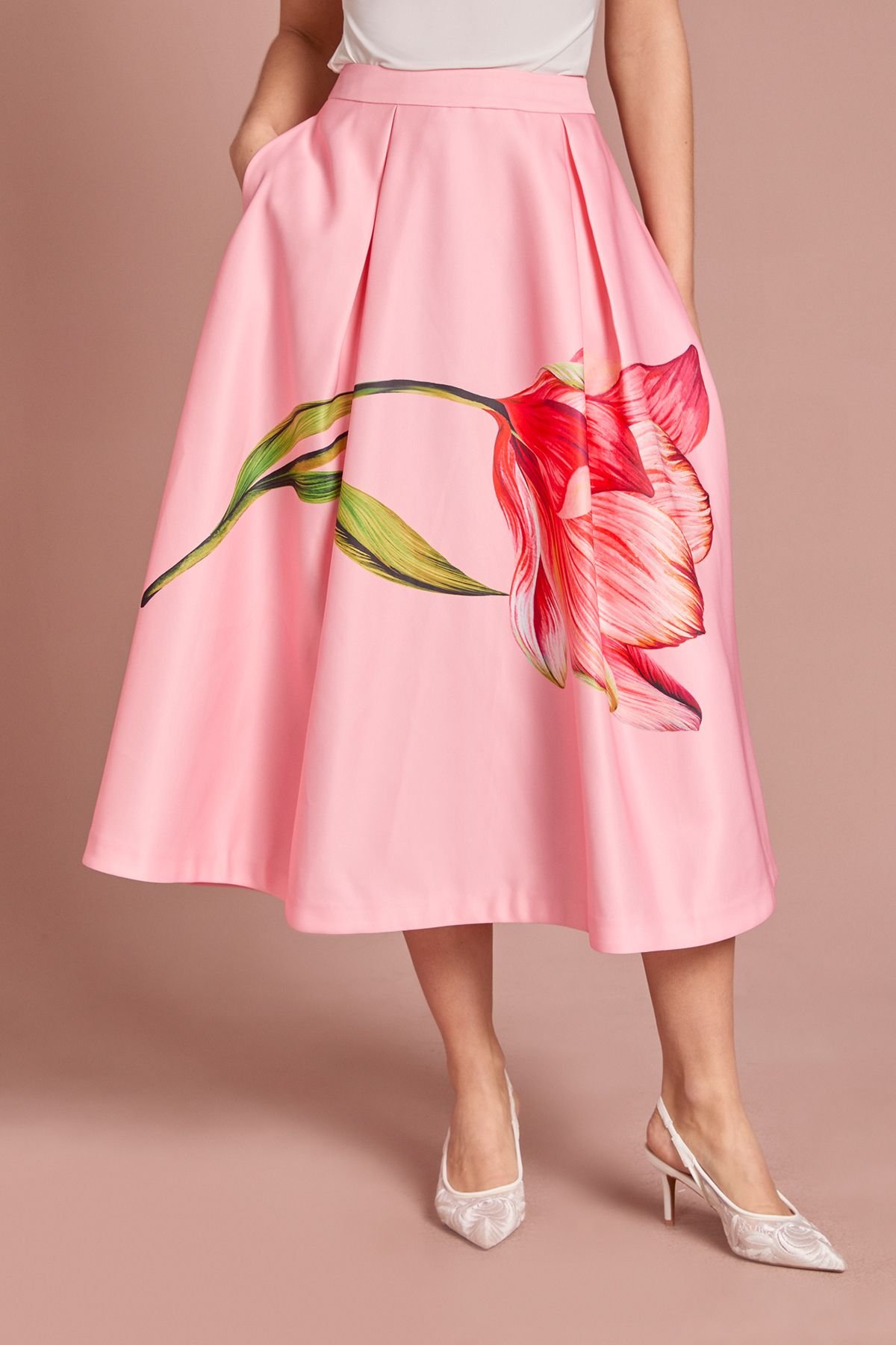 Coast Coast Women's Satin Midi Skirt With Placement Print in Pink - 4