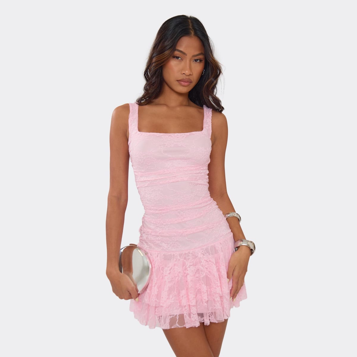 EGO Square Neck Frill Hem Detail Mini Dress In Pink Lace, Women's Size UK 6 - 1