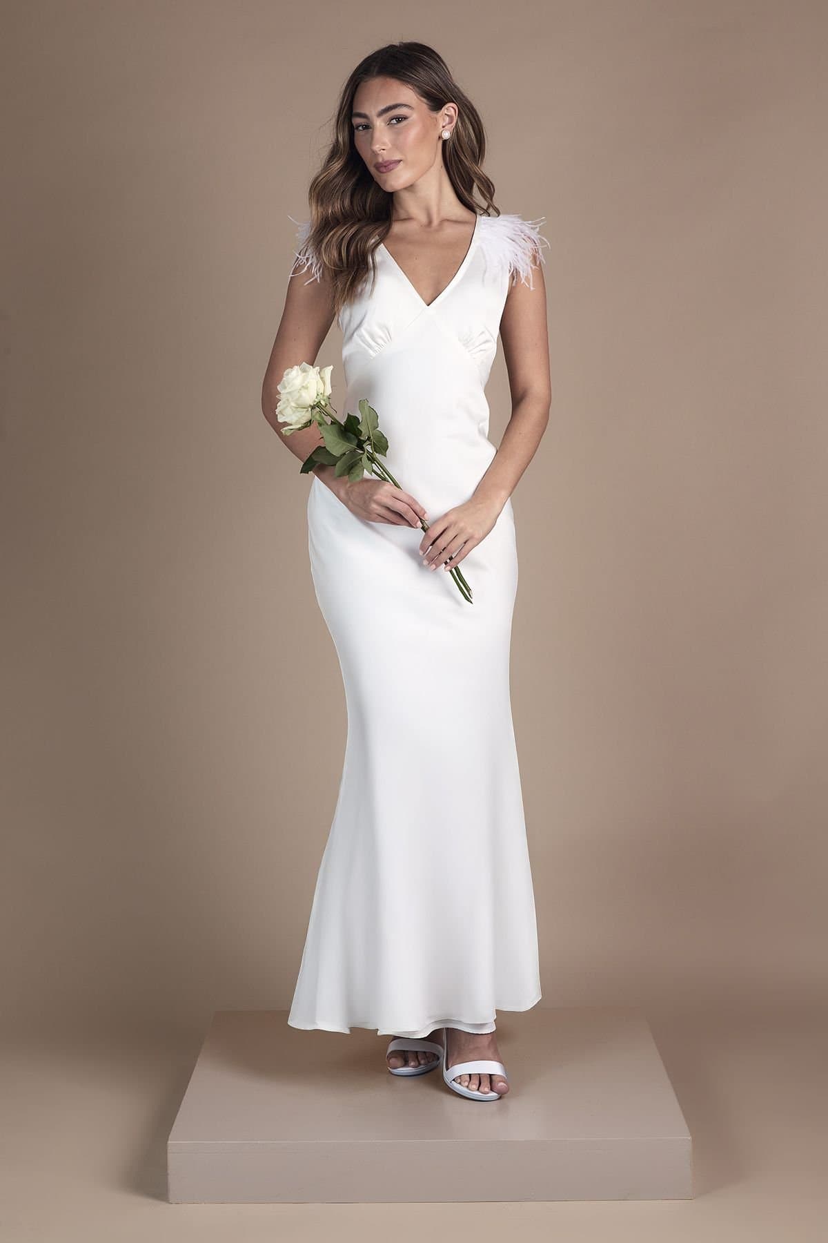 Coast Coast Women's Feather Shoulder Detail V Neck Satin Wedding Dress in Ivory