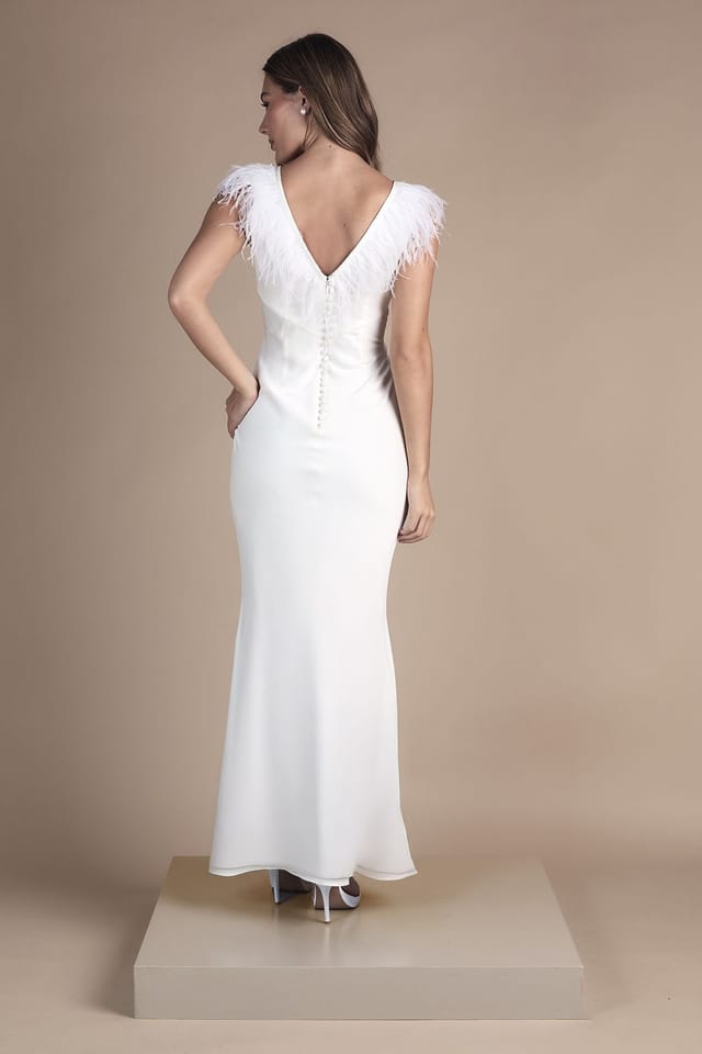 Coast Coast Women's Feather Shoulder Detail V Neck Satin Wedding Dress in Ivory - 3