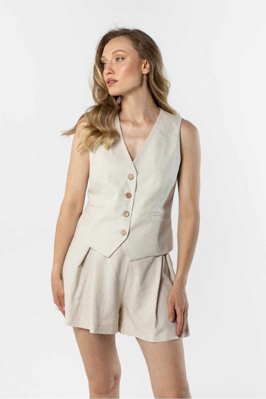Love Lace Beige Linen V-Neck Button-Up Vest
