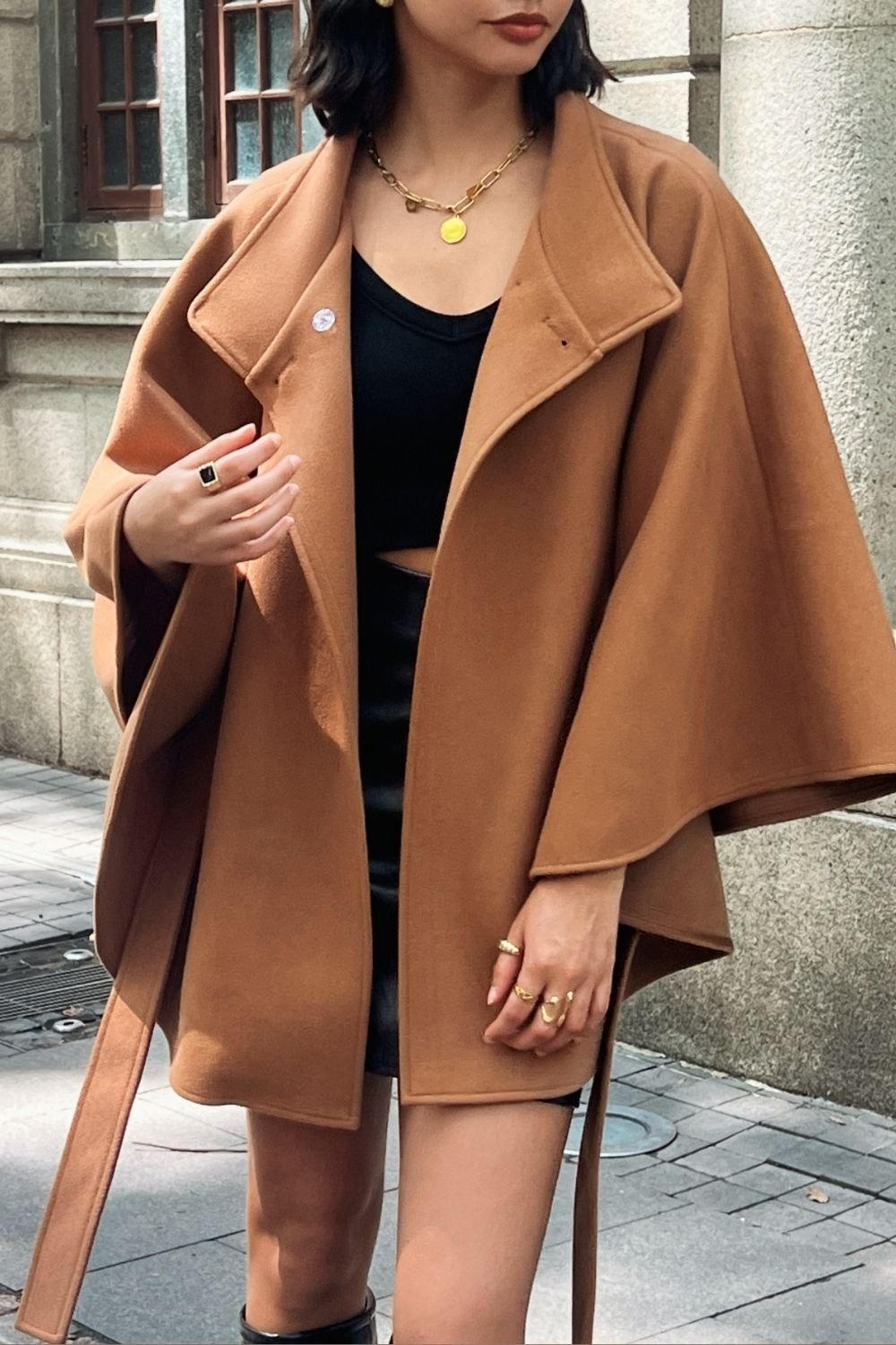 OUTTA BOX OUTTA BOX Women's Belted Sleeveless Wool Cape Coat in Brown - 2