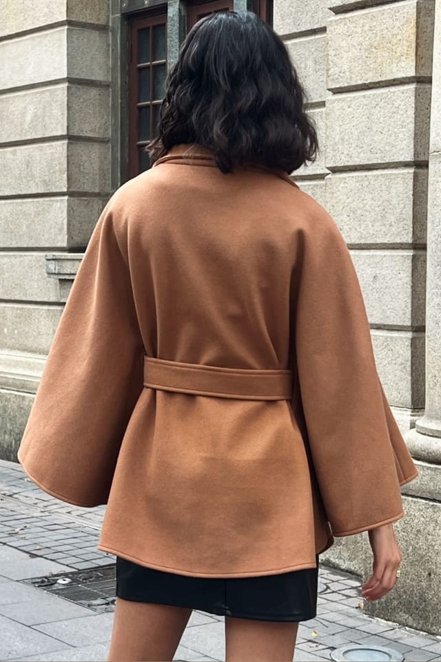 OUTTA BOX OUTTA BOX Women's Belted Sleeveless Wool Cape Coat in Brown - 3