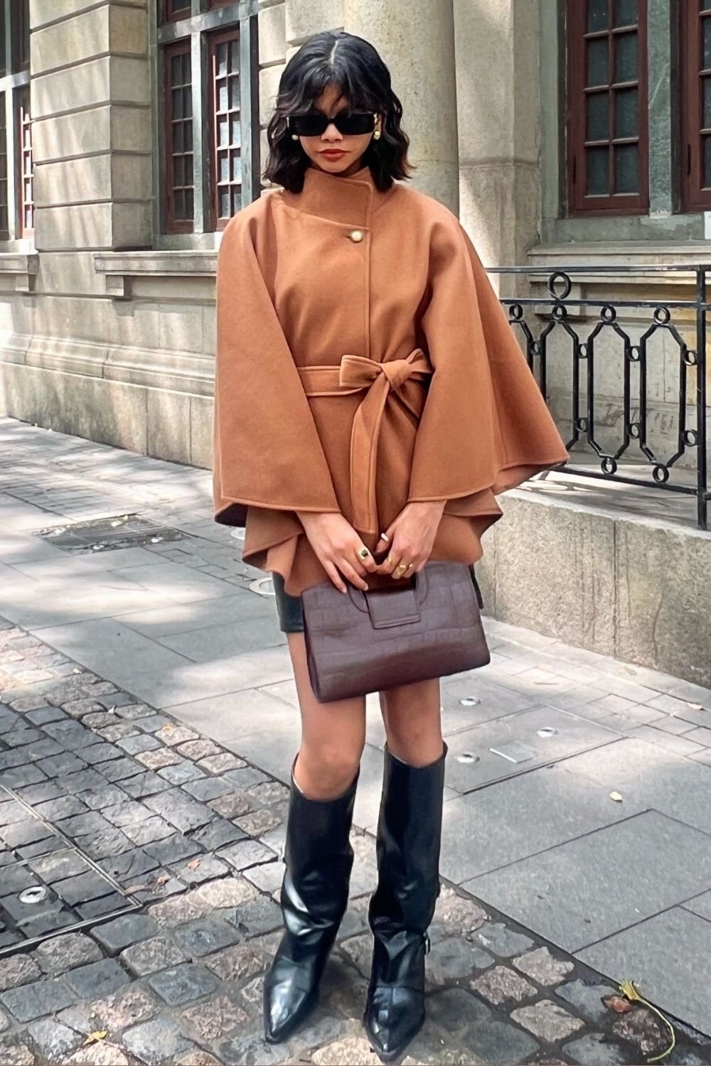 OUTTA BOX OUTTA BOX Women's Belted Sleeveless Wool Cape Coat in Brown - 4