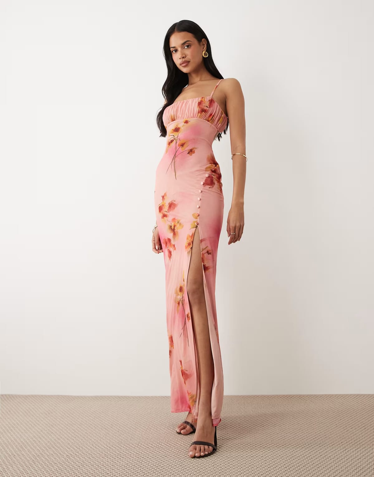 ASOS ASOS DESIGN ruched bust stretch chiffon maxi with buttoned up split detail in pink floral - 1