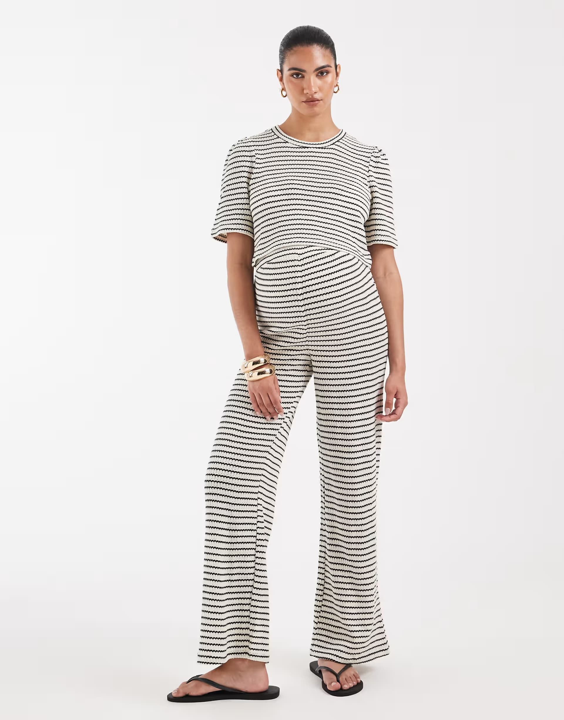 ASOS Vero Moda Maternity jersey crochet short sleeve boxy t-shirt and wide leg trousers set in black and cream stripe