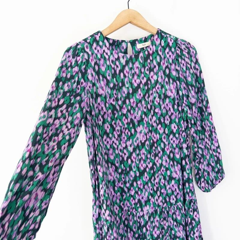 Hush Hush Adele Abstract Floral Print Mini Dress Size 8 Green Purple Long Sleeve Tier