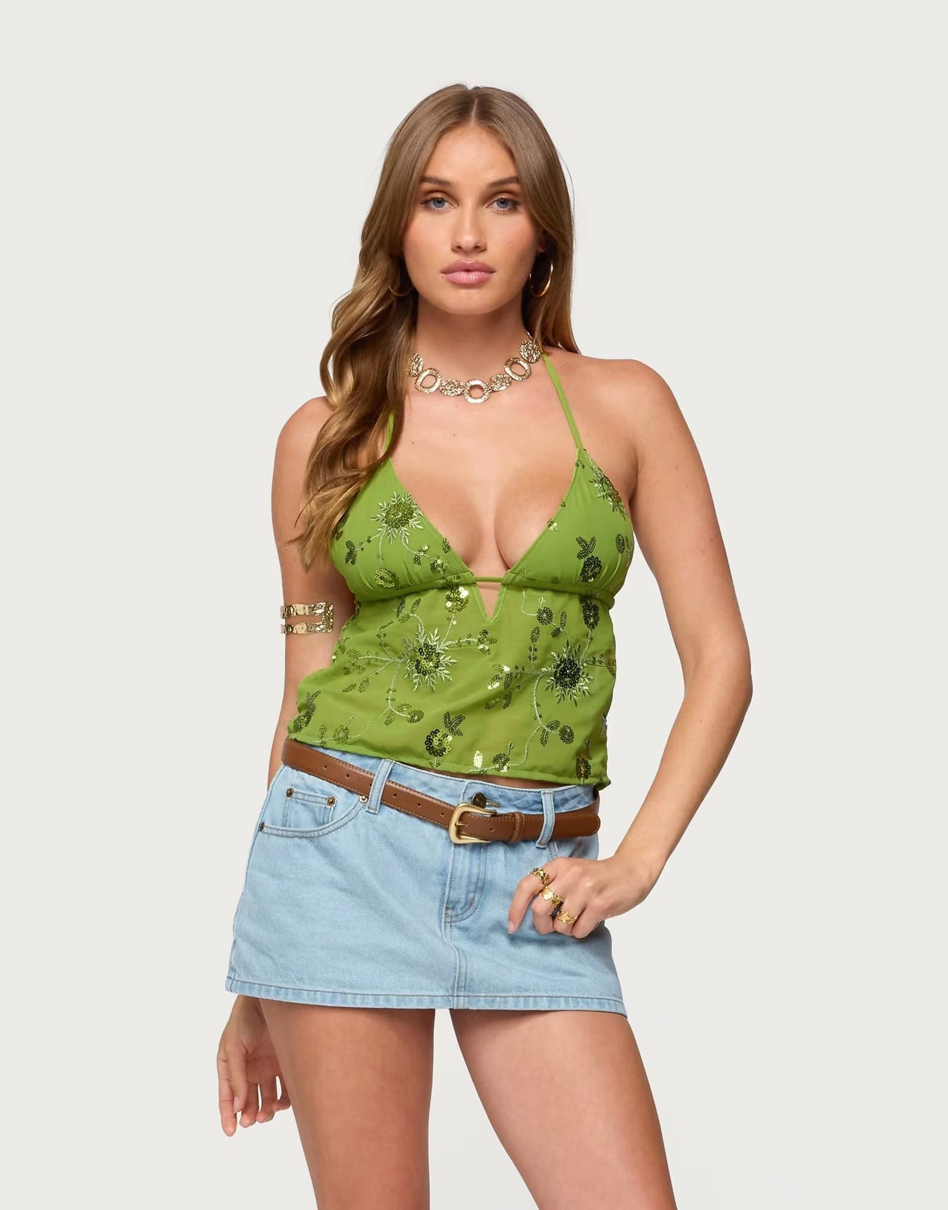 ASOS Edikted Kiki sequin floral chiffon halter top in green
