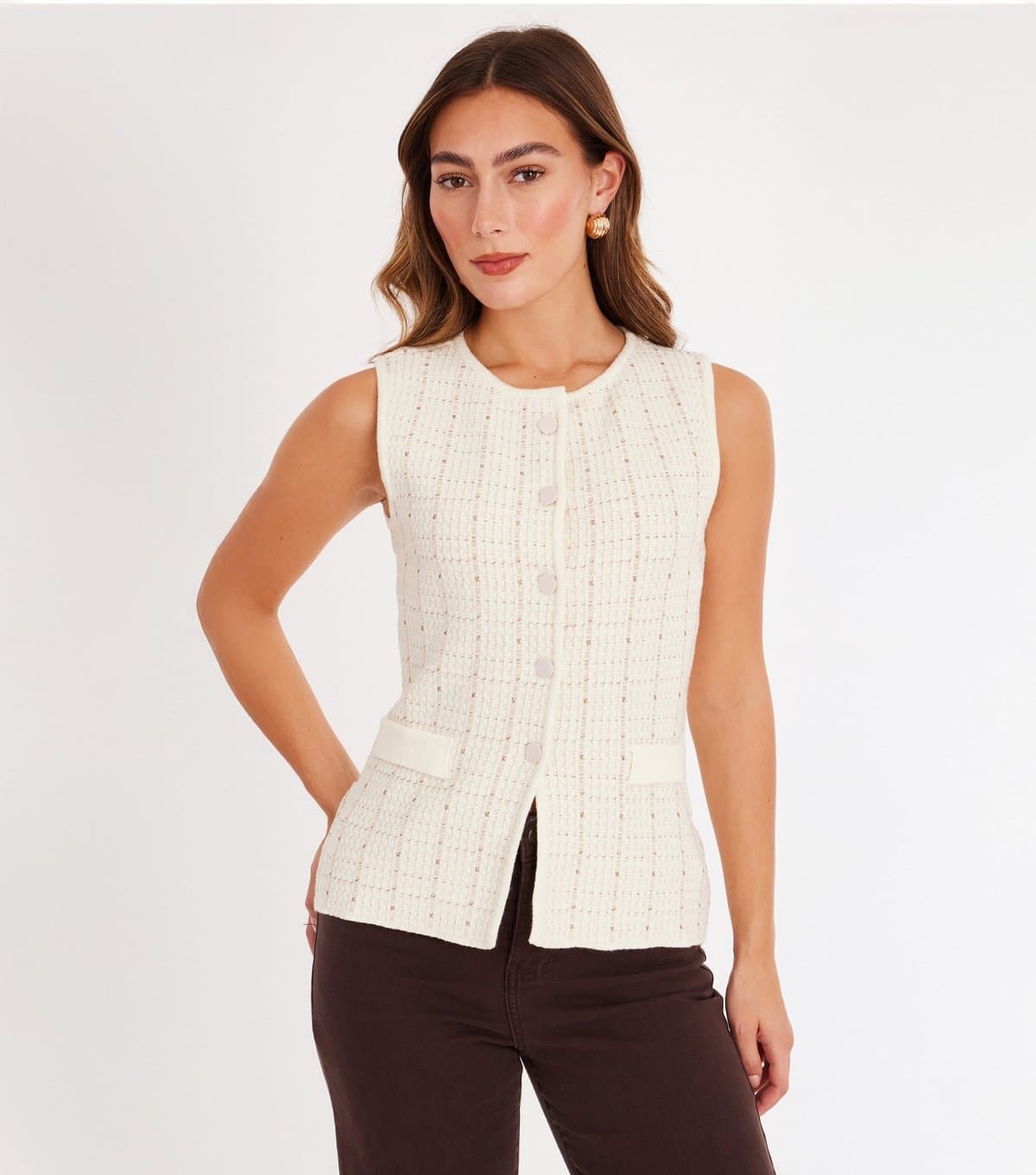 Quiz Women's Cream Metallic Knit Waistcoat Quiz New Look