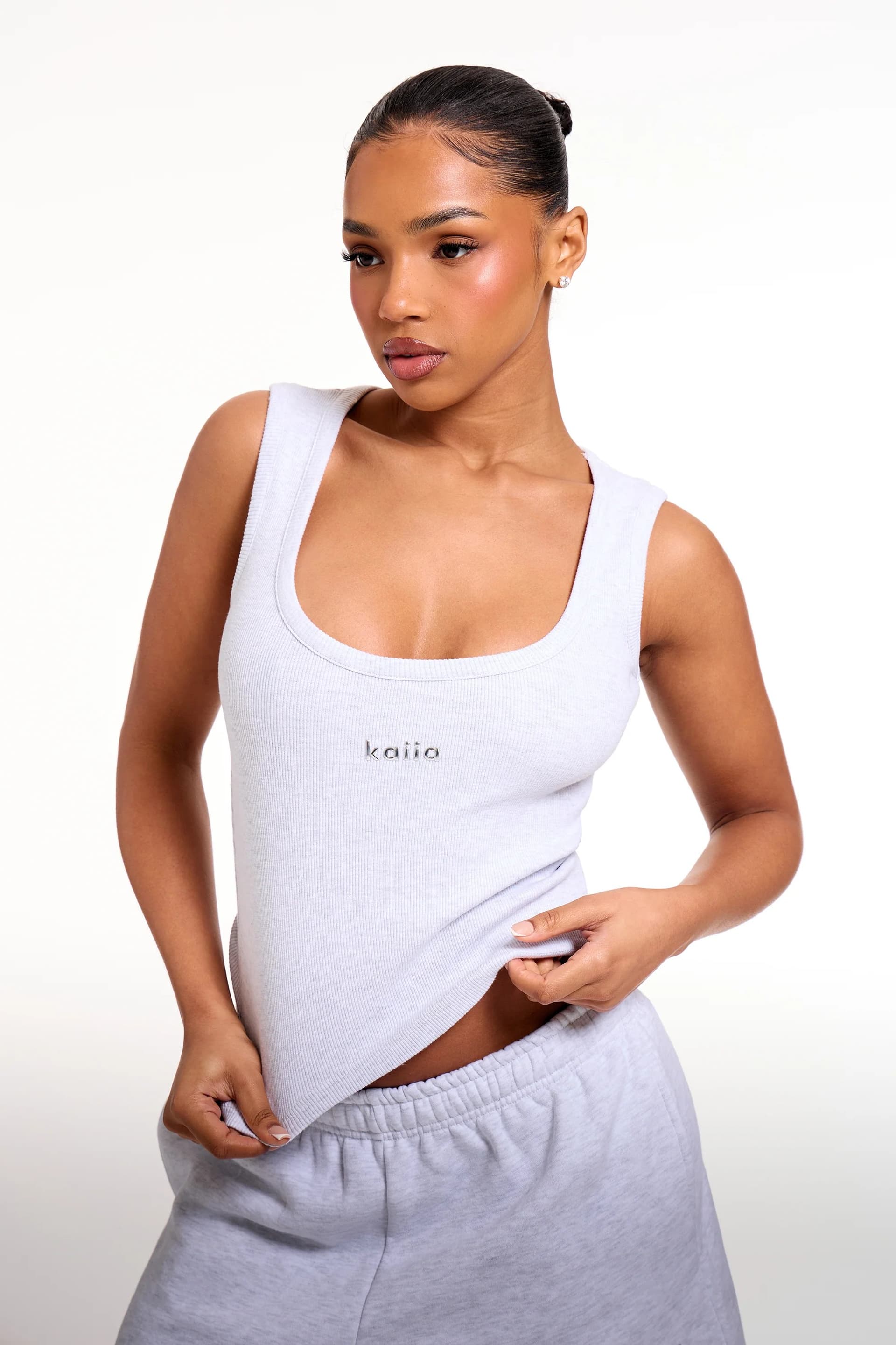 Kaiia Kaiia Grey Melange Ribbed Vest Top