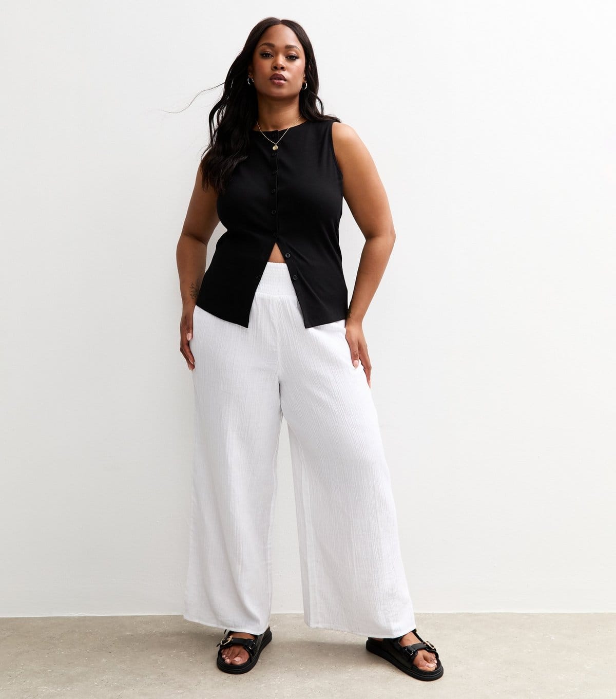 New Look Plus Size White Shirred Waist Wide Leg Trousers