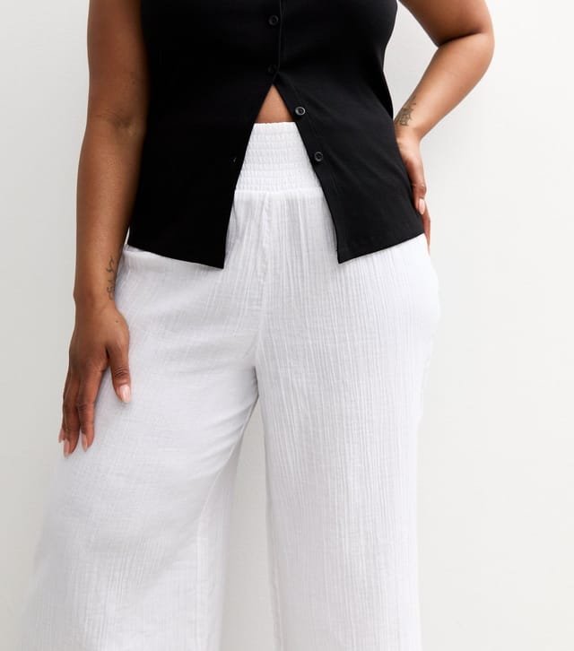 New Look Women's Plus Size White Shirred Waist Wide Leg Trousers Curves New Look - 2